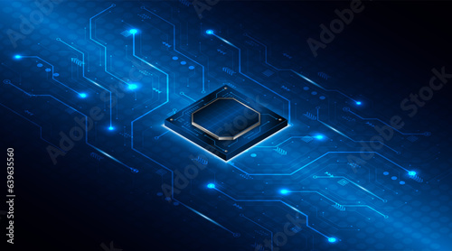 Microchip processor circuit board technology on dark blue background. Information Processing Concept. Circuit board hi-tech technology background. vector illustration
