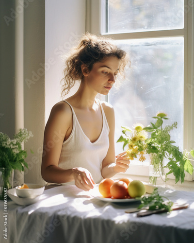 a woman, leisurely having her breakfast of fresh fruits and bread in a sunny, airy kitchen, white interiors, natural light streaming in through large windows