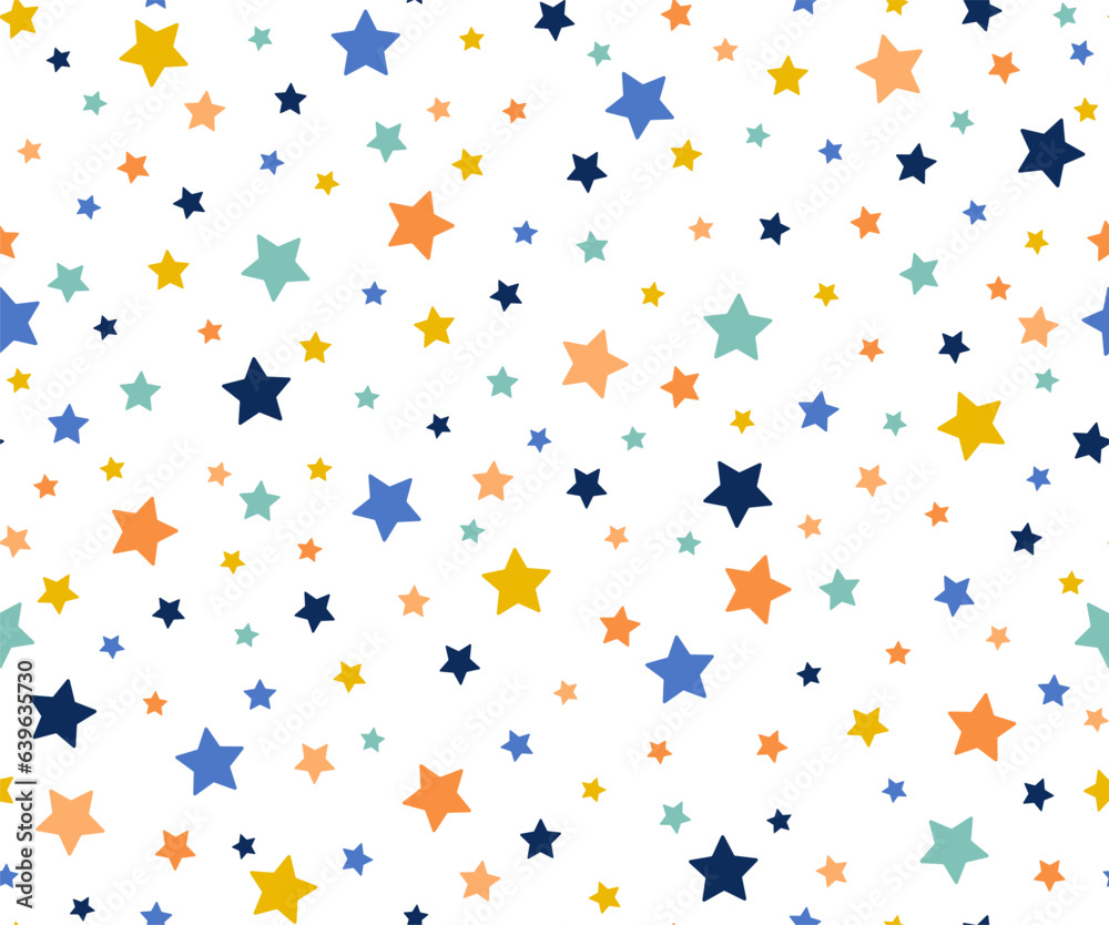 Cute holiday background with colorful stars. Holiday seamless pattern. Ornament for gift wrapping paper, fabric, clothing, textile, surface textures, scrapbook. Vector illustration.