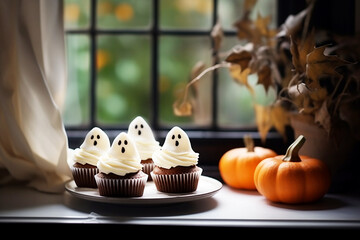 Handmade halloween ghost cupcakes on the table