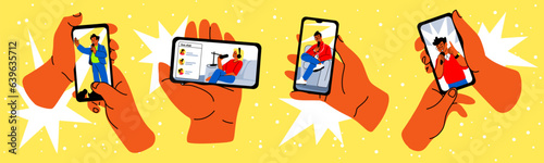 Blogger live streaming. Hands holding smartphone. Digital phone news. People in mobile technology. Social media influencer. Web chat. Speaker with and headphones. Vector cellphones set