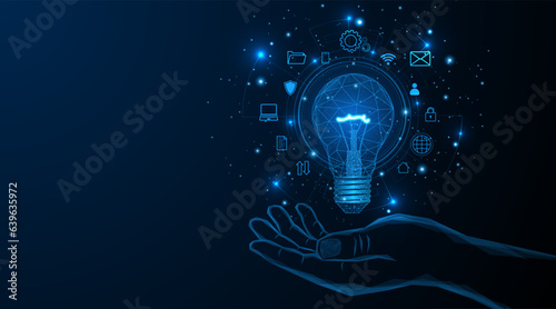 abstract hand holding electric light bulb or creative light bulb Global internet connection concept for business advanced digital technology
