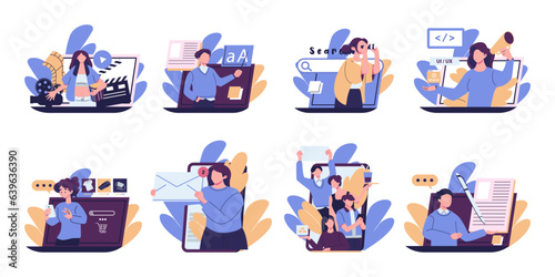 Online services, platforms set. Tiny people peeking out of computer, phone screens with education, business, entertainment app, web site. Flat graphic vector illustration isolated on white background