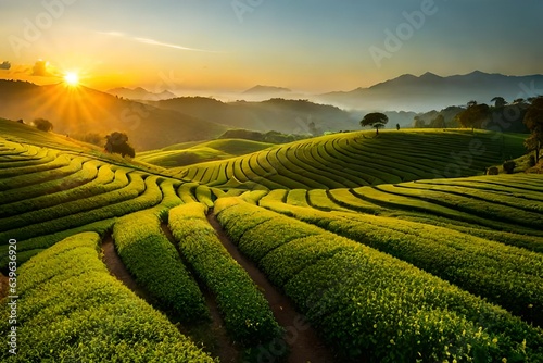 The sun dips below the horizon, casting a warm golden glow across the sprawling tea plantation. The gentle rustling of tea leaves in the breeze creates a soothing melody