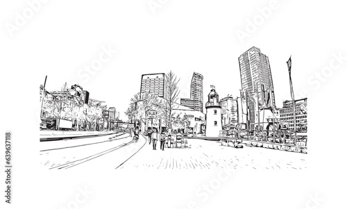 Building view with landmark of  Rotterdam is the city in the Netherlands. Hand drawn sketch illustration in vector.