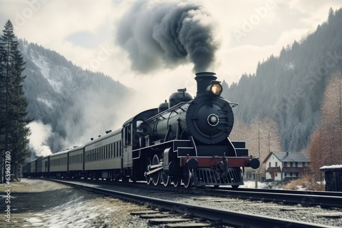 A black train traveling down train tracks next to a forest. Digital image.