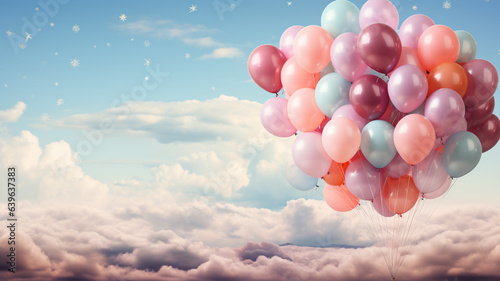 balloons party pastel colors floating above the clouds orange blue pink sky background