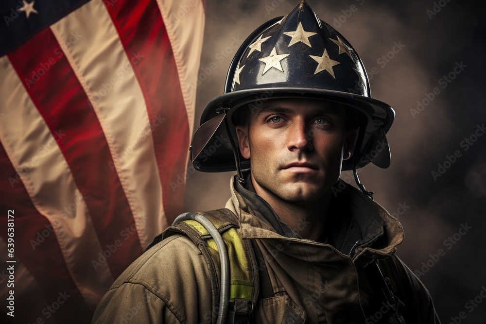 man firefighter in the background an american flag man firefighter in the background an american flag