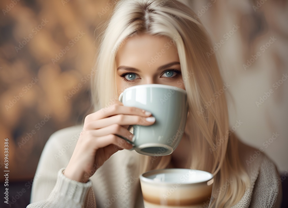 Blonde woman drinking coffee from a mug Blonde woman drinking coffee from a mug