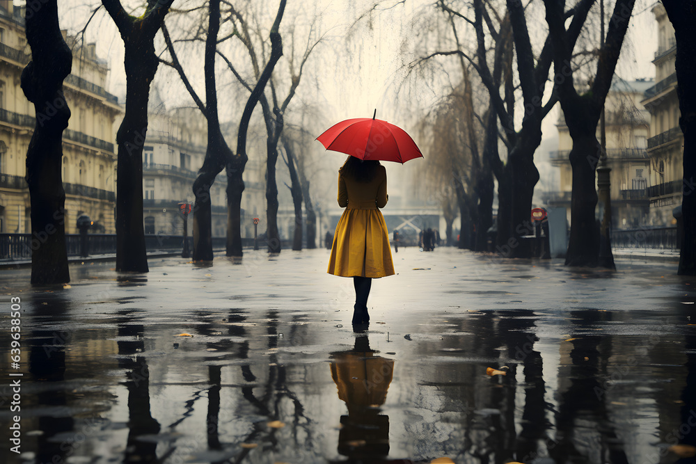 girl in yellow with red umbrella walking through the rainy streets of london - obrazy, fototapety, plakaty 
