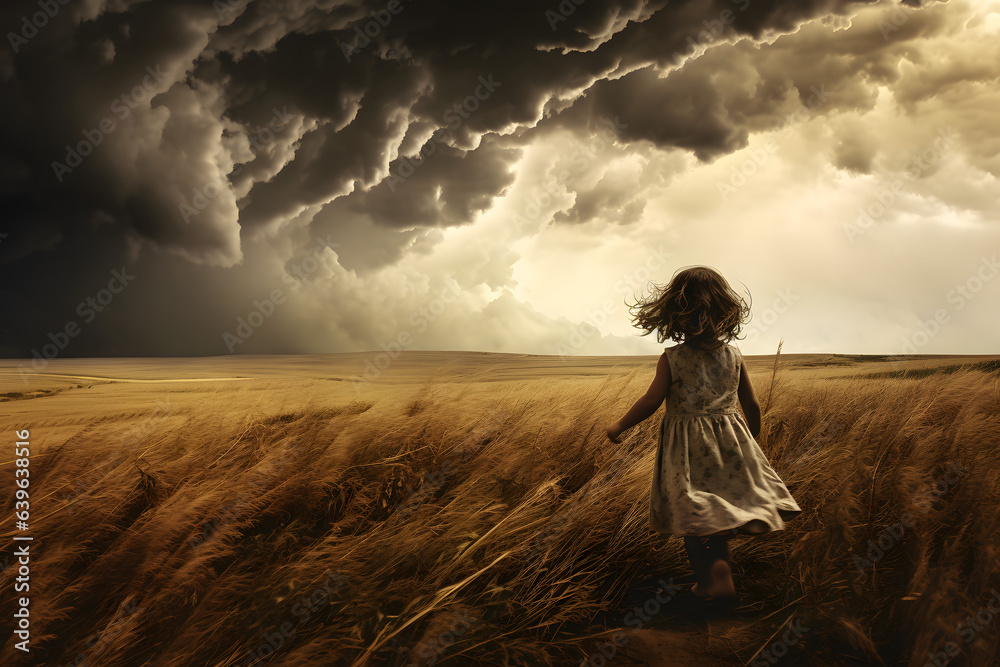 girl in the field watching the storm coming