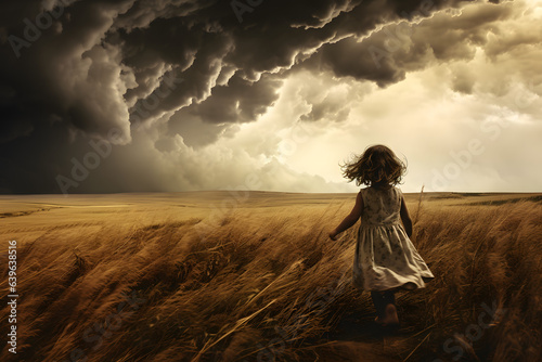 girl in the field watching the storm coming