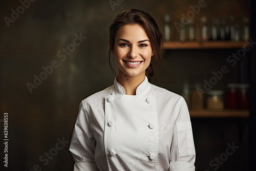 Fototapeta Naklejka Na Ścianę i Meble -  Caucasian Female Chef Backdrop Very Pretty Generative AI