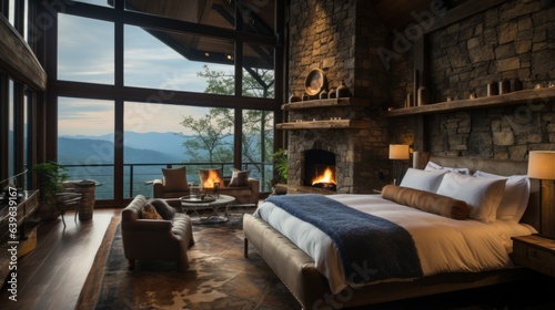 house design interior background beautiful bedroom rustic finishing design with natural stone texture backdrop wall home interior deisgn with natural view outside © VERTEX SPACE