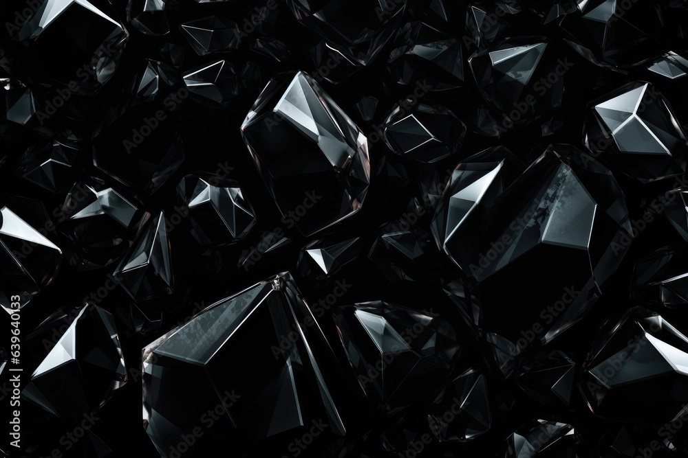 3d rendering of a pile of black diamond shapes on a black background ...