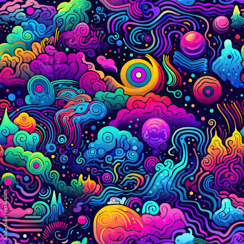 Psychedelic doodles fantasy graffiti vibrant repeat pattern