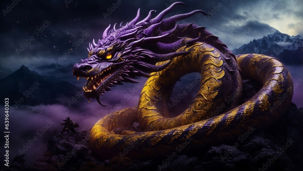 A giant Orochi serpent, its body writhing and twisting in the air. Japanese mythology. Japanese dragon/serpent. A giant Orochi serpent, its body writhing and twisting in the air. Japanese mythology. Japanese dragon/serpent.