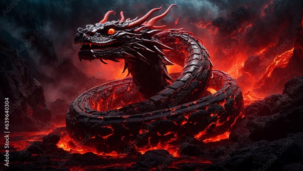 A giant Orochi serpent, its body writhing and twisting in the air. Japanese mythology. Japanese dragon/serpent. A giant Orochi serpent, its body writhing and twisting in the air. Japanese mythology. Japanese dragon/serpent.