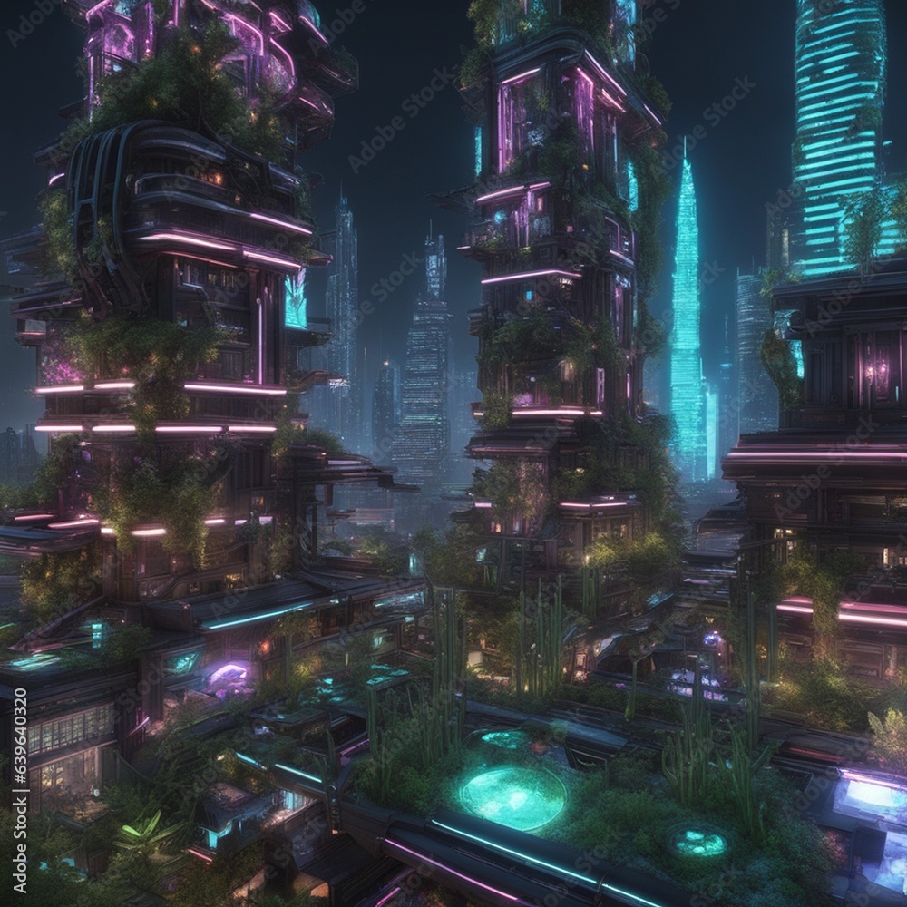 A futuristic city with neon lights