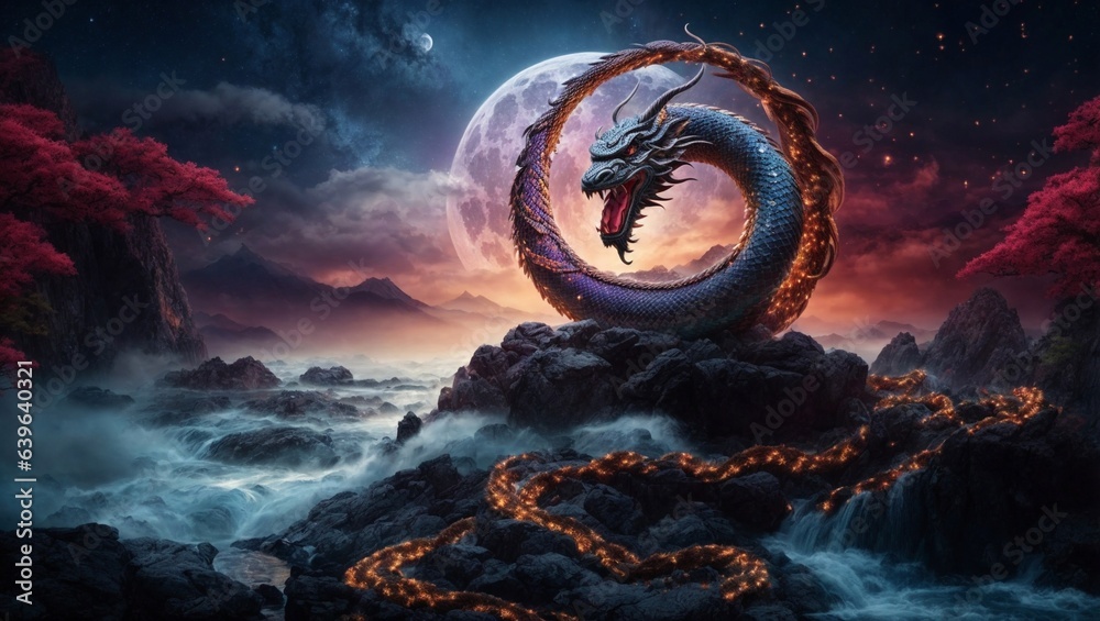 A giant Orochi serpent, its body writhing and twisting in the air ...