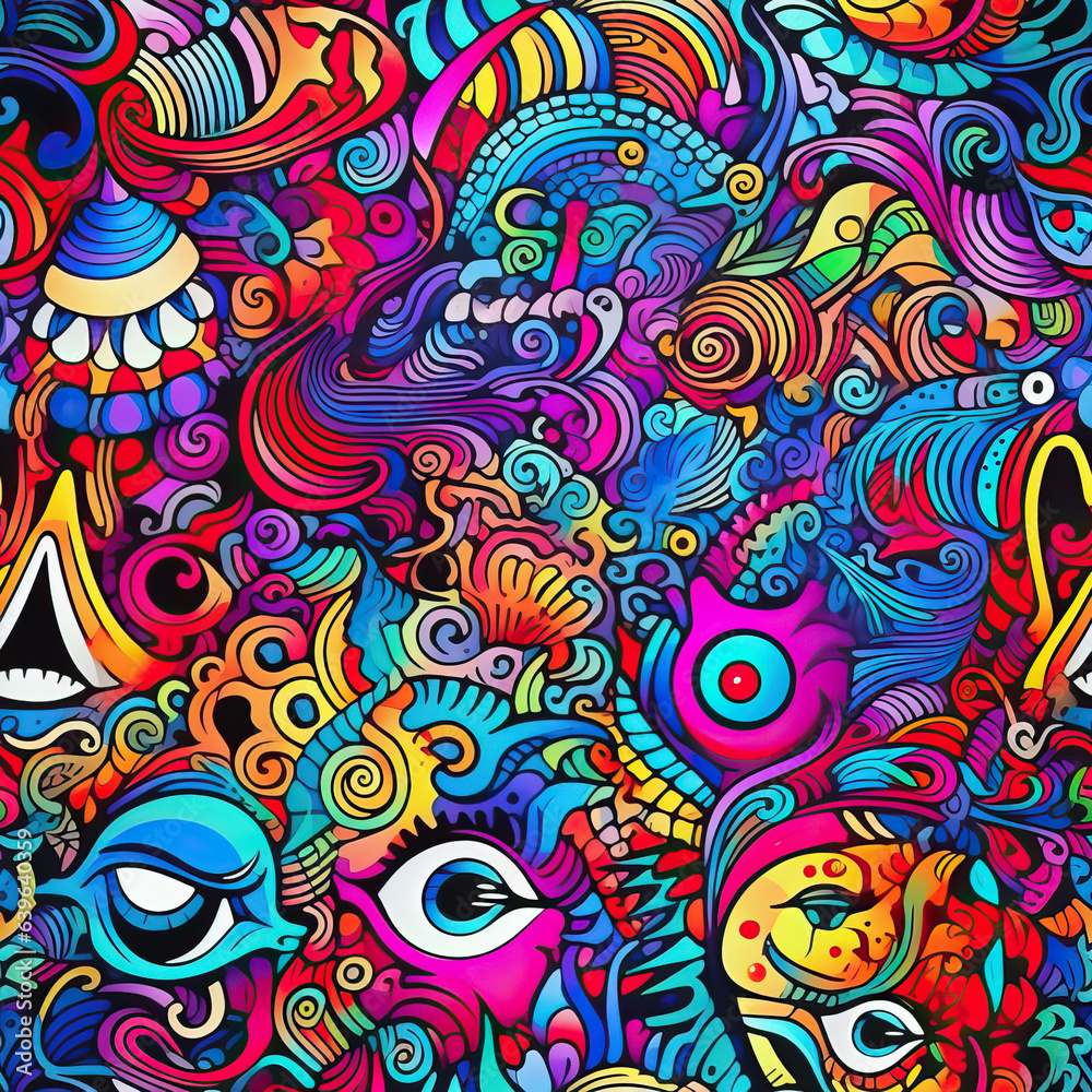 Psychedelic doodles fantasy graffiti vibrant repeat pattern