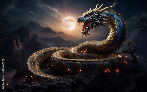 A giant Orochi serpent, its body writhing and twisting in the air. Japanese mythology. Japanese dragon/serpent. photo