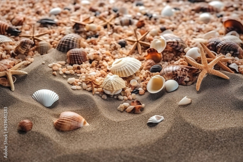 Photorealistic generated image of sea sand with starfishes, seashells and small stones, perspective view. Sea summer holidays concept. Vacation memories.