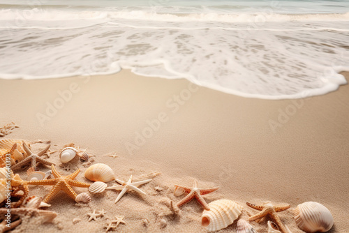 Perspective view of seashore. Seashells and starfishes on beige sand, sea waves blurred on background, copy space in the middle. Sea summer holidays concept, vacation memories.