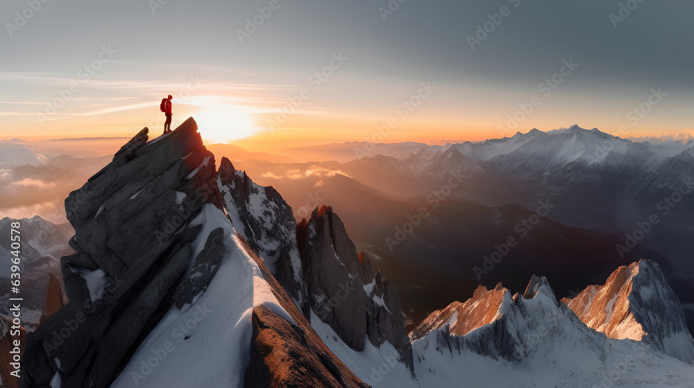 Tourist walks on mountain near abyss edge on high altitude under cloudy sky. Man on high rock near precipice edge. - obrazy, fototapety, plakaty 