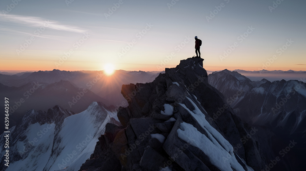 Tourist walks on mountain near abyss edge on high altitude under cloudy sky. Man on high rock near precipice edge. Generative AI.