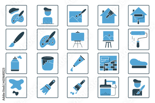 Painting set icon. Contains icons paint brush, canvas, painter, paint tubes, etc. Solid icon style. Simple vector design editable