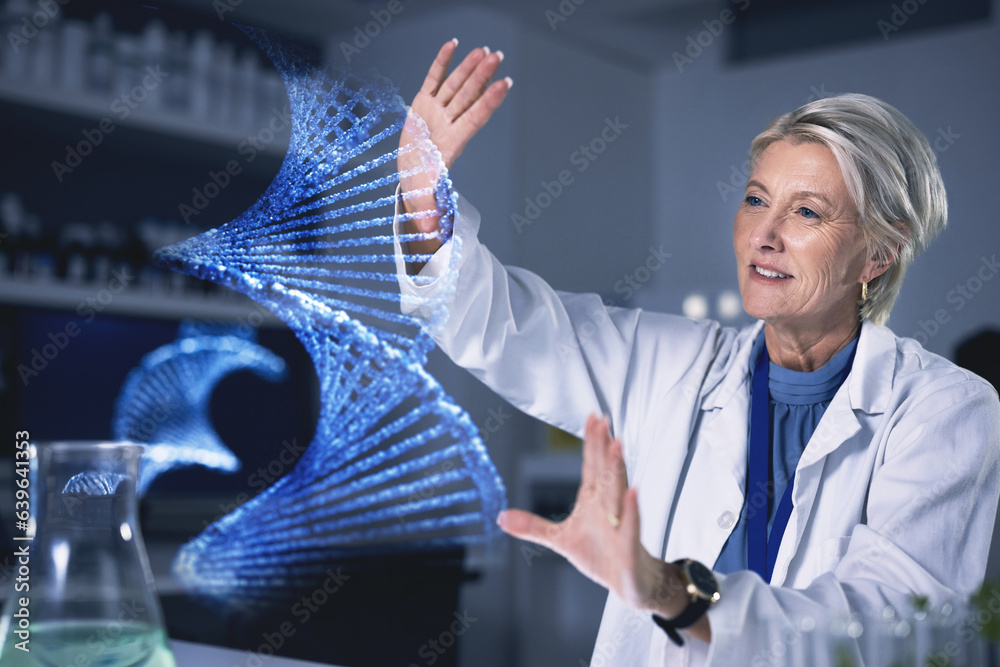 Woman, dna hologram and lab analysis, study or innovation with ...
