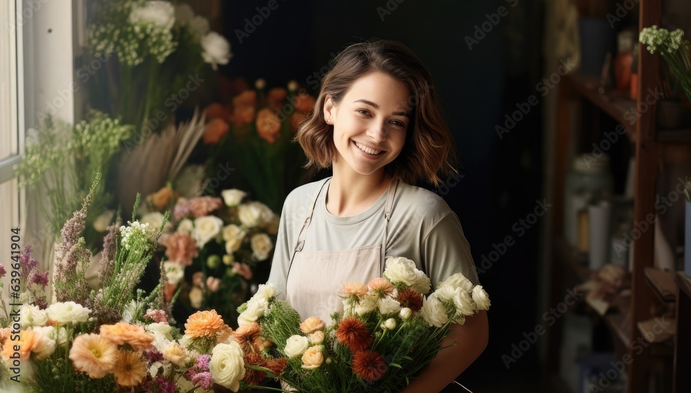 Caucasian Woman Florist Backdrop Smiling Generative AI