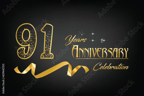 Celebrate the 91th anniversary with gold letters, gold ribbons and confetti on a dark background photo