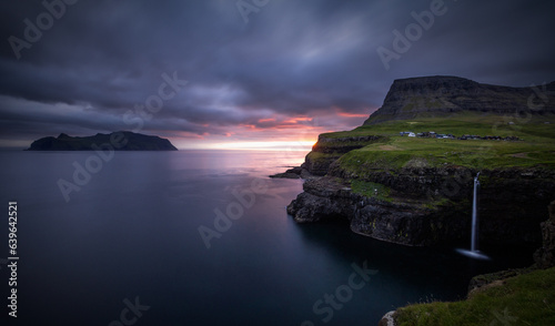 Sunset at Mulafossur waterfall, Faroe Islands