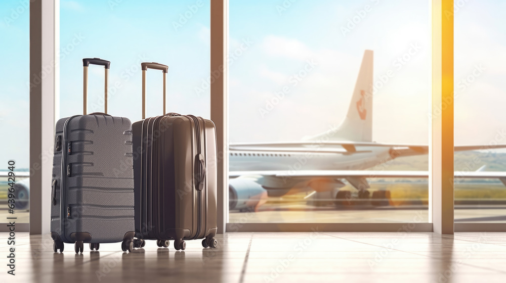 Fototapeta premium Suitcases in airport departure lounge.Window sunlight background. Created with Generative AI technology.