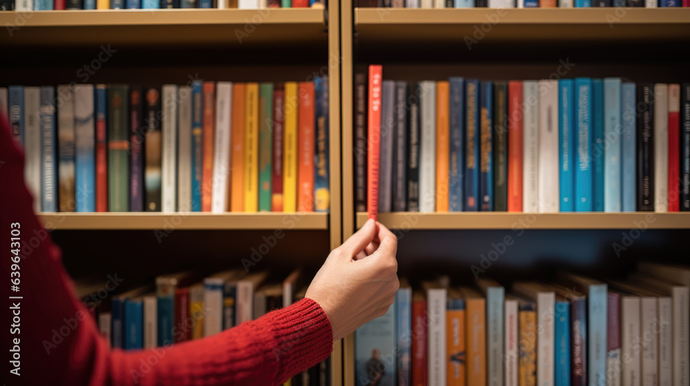 Person's hand selects and pulls a book from a bookshelf Person's hand selects and pulls a book from a bookshelf