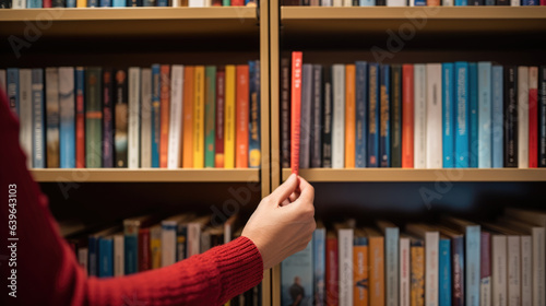 Person's hand selects and pulls a book from a bookshelf