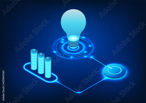 Battery technology releases energy by connecting to the power switch and connecting to the lamp. The energy concept drives the development of technology forward.