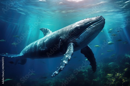 A Humpback Whale Plays Near the Surface in Blue Water, AI Generated