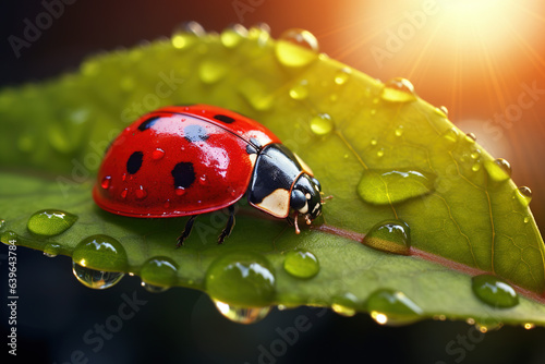 Ladybug on a green leaf with dew drops and sun rays