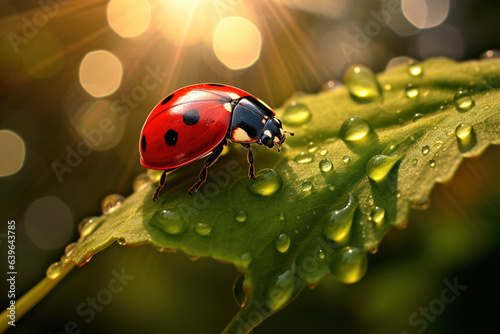 A small ladybug on a green leaf with dew or water drops, sun rays and bokeh in the background