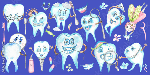 Collection of 26 funny teeth elements. The tooth fairy, teeth and dental care elements are painted with watercolors. You can make postcards, patterns, cards and add to other illustrations on your own
