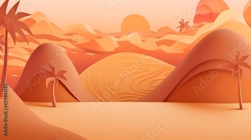 Illustration of ocean view and sunset in the evening sea. Beautiful sunset seascape  paper cut and craft illustration.