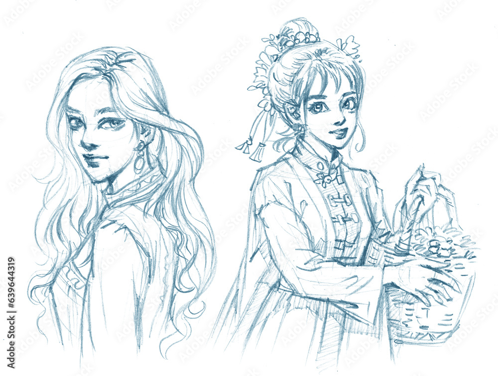 sketch of girls in dress pencil drawing for card decoration illustration