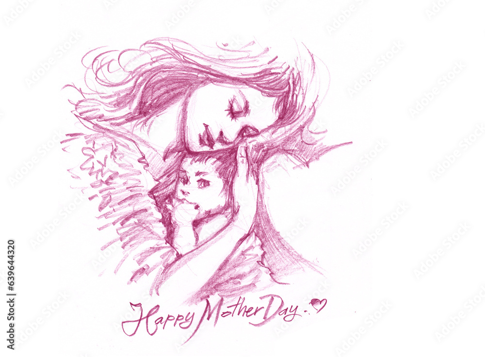 mother and son pencil drawing for card decoration illustration 
