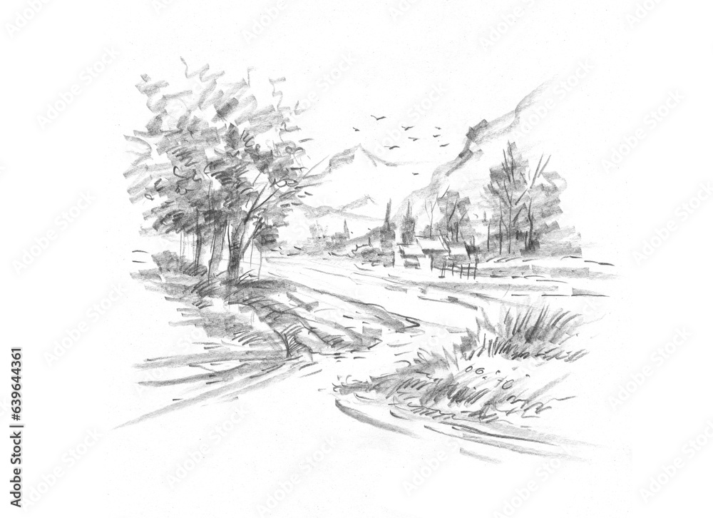 landscape with trees pencil drawing for card decoration illustration