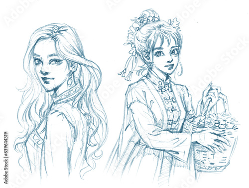 sketch of girls in dress pencil drawing for card decoration illustration