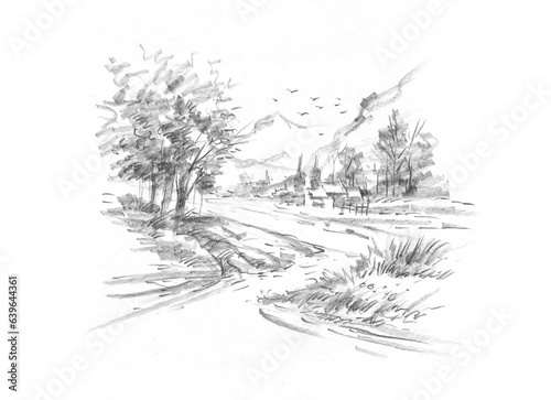 landscape with trees pencil drawing for card decoration illustration © Supharp
