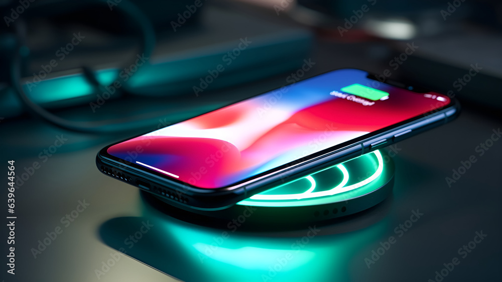 smartphone on wireless charging with green backlight, generated by AI - obrazy, fototapety, plakaty 